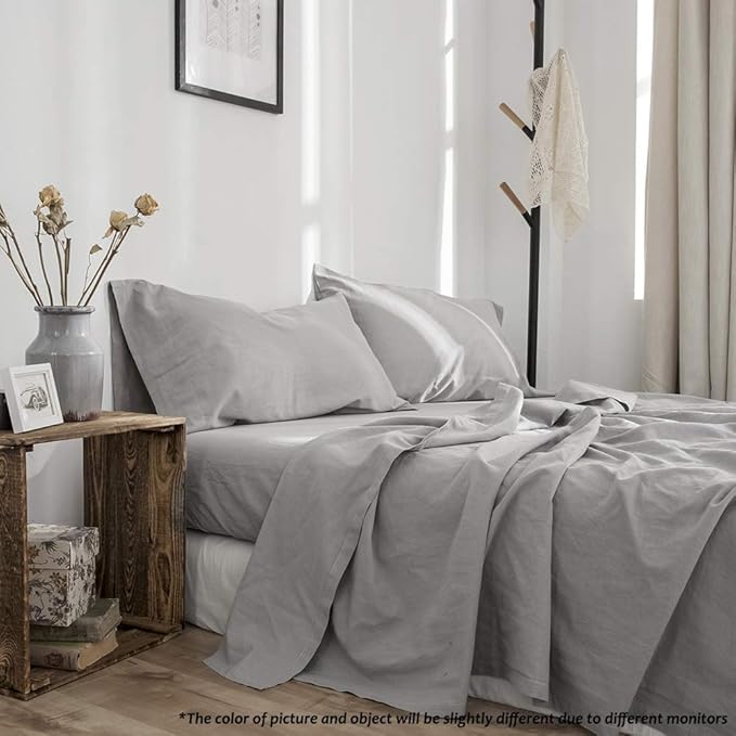 Simple&Opulence Belgian Linen Sheet Set Solid Color - 4 Pieces (1 Flat Sheet, 1 Fitted Sheet & 2 Pillowcases) Natural Flax Cotton Blend Soft Breathable Farmhouse Bedding - Full Size, Grey