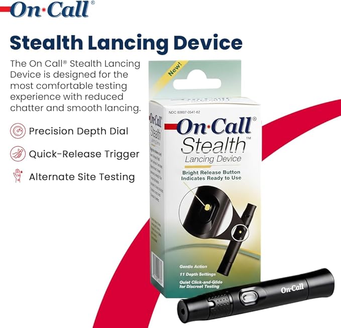 Stealth Adjustable Lancing Device for Blood Glucose Testing by On Call, 11 Depth Settings to Minimize Pain, Pen for Diabetes Monitoring