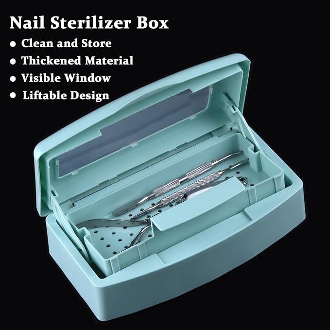 Nail Tool Sterilizer Box Plastic Disinfectant Container for Nail Art Accessories Tools, Hair Salons and Beauty Centers, Sterilizer Soaking Box with Strainer Pedicure Manicure Equipment, Blue