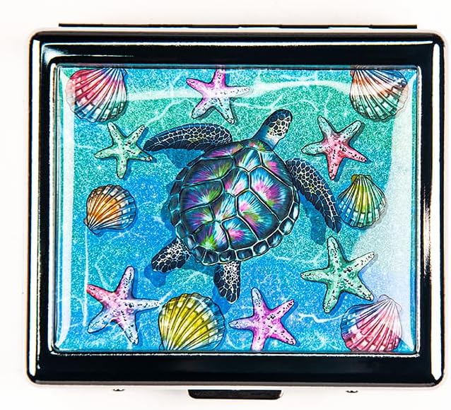 Turtle Seashells Starfish 7 Days Chromed Shiny Silver Pill Organizer with Mirror Inside Has 8 Separate Compartments Rectangle 7 Days Pill Box Pill Case