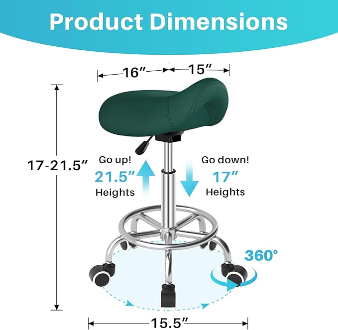 YEEZEE Saddle Stool Ergonomic- Comfortable Rolling Saddle Stool with Wide Thick Saddle Seat Padding, Swivel Adjustable Saddle Chair with Wheels and Ring Pedal for Medical Massage Salon (Green)