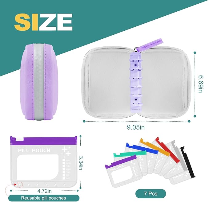 A7 Waterproof Pill Organizer with 7 PCS L Size Zippered Pill Pouches for A7 Binder, Large BPA-Free Weekly Medicine Organizer, Color-Coded Reusable Travel Pill Storage System