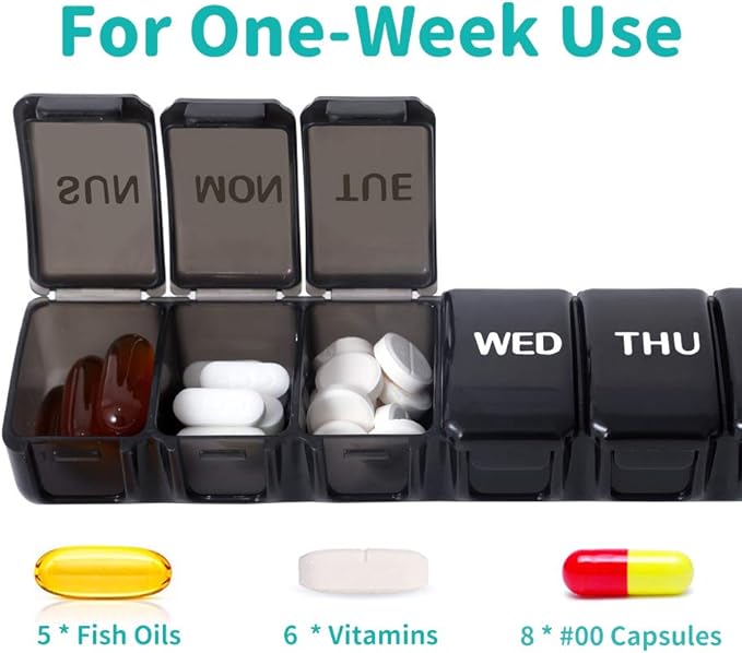 2 Packs Weekly Pill Organizer,Pocket Daily Pill Case Pill Box for Pills/Vitamin/Fish Oil/Supplements (Black)