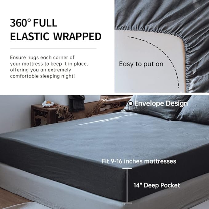 Simple&Opulence Washed Linen Bed Sheet Set Basic Style 4 Pieces (1 Flat Sheet & 1 Fitted Sheet & 2 Pillowcases) 100% Natural French Flax Soft Breathable Farmhouse Bedding (King, Dark Grey)