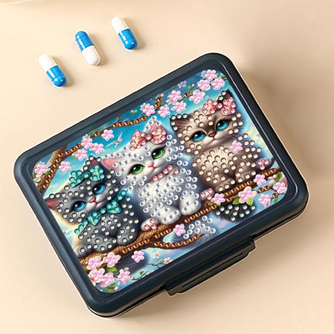 C'eitura DIY Cat Diamond Art Painting 7 Day Black Pill Organizer with 7 Lid, Weekly Medication Box with Detachable Compartments, Fun DIY Craft Project for Adults, Elegant Pill Case for Purse & Travel
