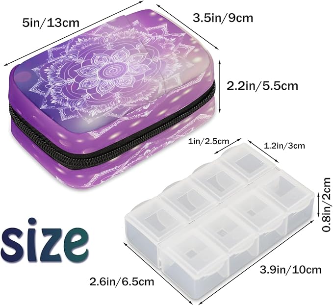 Purple Mandala Flower Abstract Travel Pill Organizer Box Weekly Portable Pill Case Daily Pills 7 Day Small Birth Control Pills Container Removable Compartments for Medicine Vitamins Fish Oil