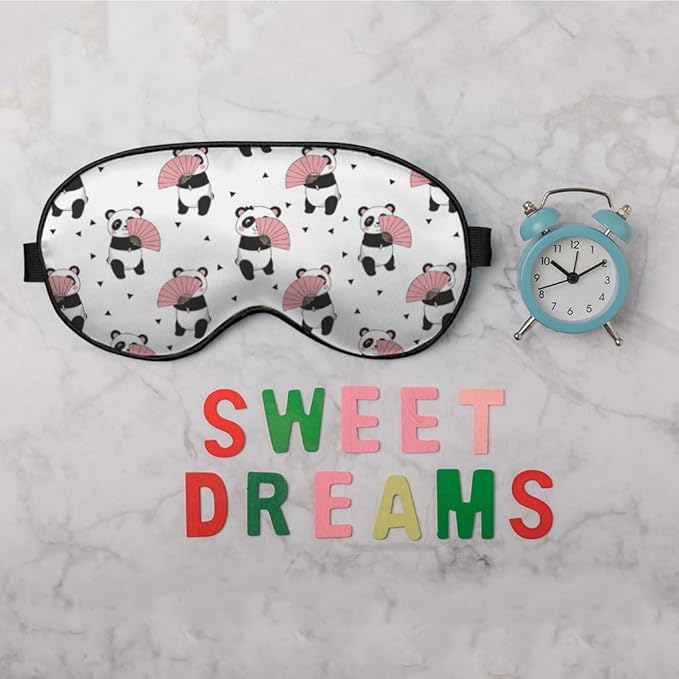 Cute Panda Bears Silk Eye Mask Sleep Mask Dandelion Pink Flower Cute Cartoon Eye Mask with Adjustable Strap Lightweight for Women Work Travel Night Sleep