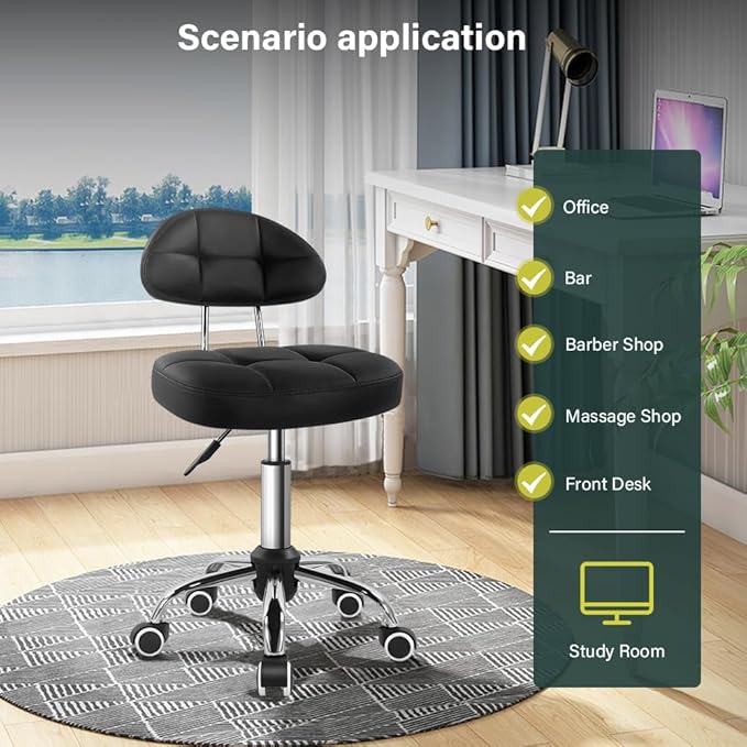 Black Square Minimalist Swivel Stool with Wheel for Work SPA Shop Massage Height-Adjustable and Cost-Effective Rolling Stool Chair with Back