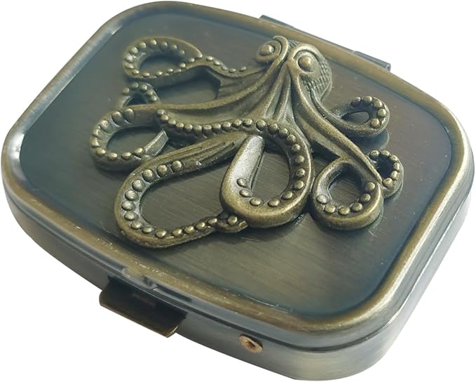 Hidad Bronze Retro Portable Travel Pill Organizer - Octopus Sign Small Pill Box for Purse or Pocket, Cute Durable Portable Mini Pill Case,Pill Bottle Container, Hold Vitamin Medicine Pill Dispenser