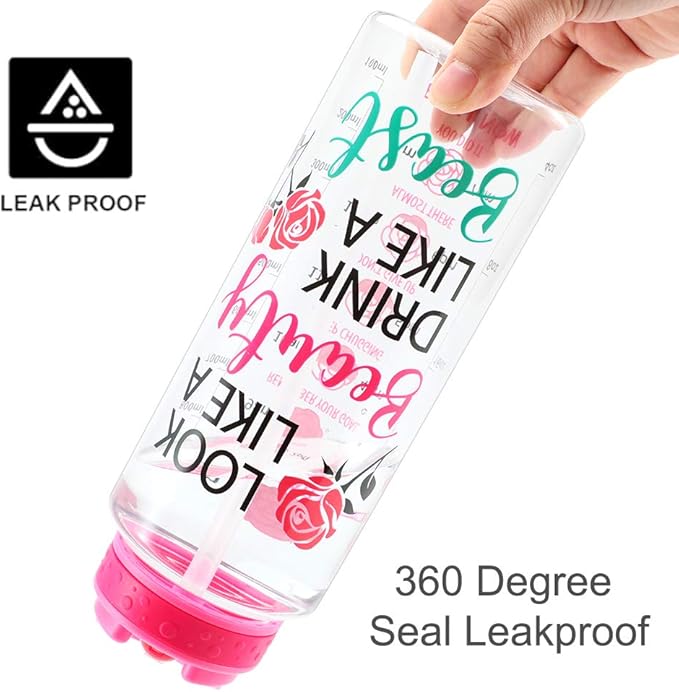 Home Tune 32oz Motivational Water Bottle with Straw & Time Marker, BPA FREE, Dustproof Flip Straw, Leak Proof, Easy Clean (Beauty & Beast)
