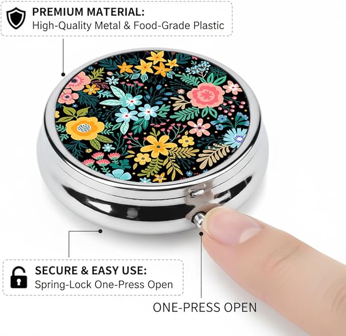 Vintage Flowers Pill Box 3 Compartment Small Pill Case,Portable for Pocket or Purse Pill Organizer Pill Container Holder with Mirror to Hold Vitamins, Medication, Fish Oil and Supplements