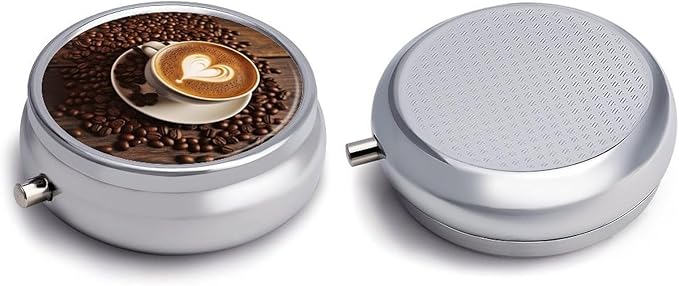 Coffee with Heart Pattern Pill Box 3 Compartment Small Pill Case Portable Pill Box for Pocket Or Purse Round Metal Pill Box Cute Medicine Organizer Holder to Hold Vitamins Medication