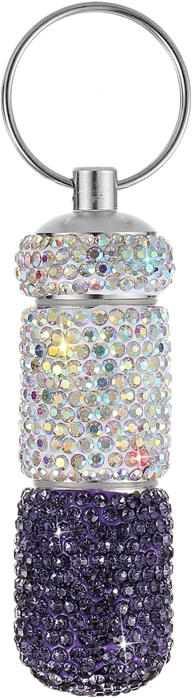 Bling Pill Case Portable Travel Pill Container Bottle Rhinestone Waterproof Small Pill Holder with Keychain Cute Mini Pill Storage Box for Outdoor Camping Case (AB-Purple)