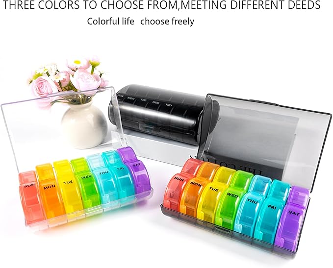 Weekly Pill Organizer 2 Time a Day，Pill Dispensers， Pill Box 7 Day with One-Side Large Opening Design for Easy Filling ，2 Times a Day AM/PM Pill Case, for Vitamins/Fish Oils (Black)