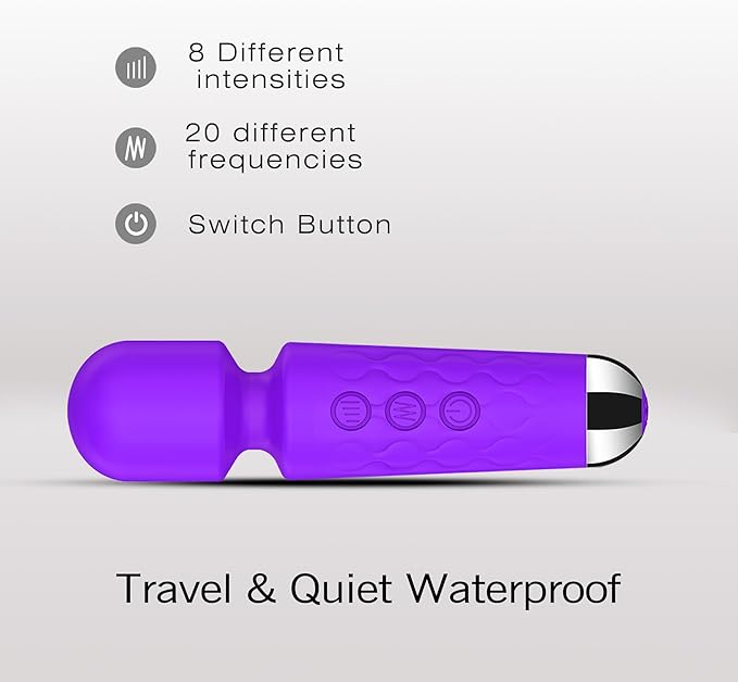 Personal Massage Wand - 20 Modes 8 Speeds Cordless Vibration Massager, Strong Powerful Waterproof Perfect for Travel, Magic Stress Away, All Body Back Legs Hand Pains Sports Recovery (Purple)