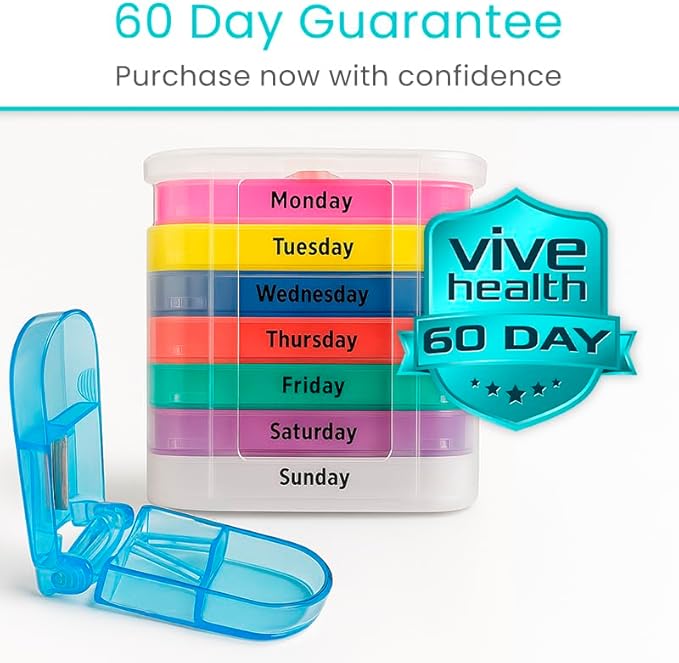 Vive Stackable Pill Organizer Tower with Pill Cutter, Splitter - 7 Days 4 Times A Day - Dispenser for Vitamins, Supplements and Medication - Weekly Stacking Pill Box Container with Travel Case