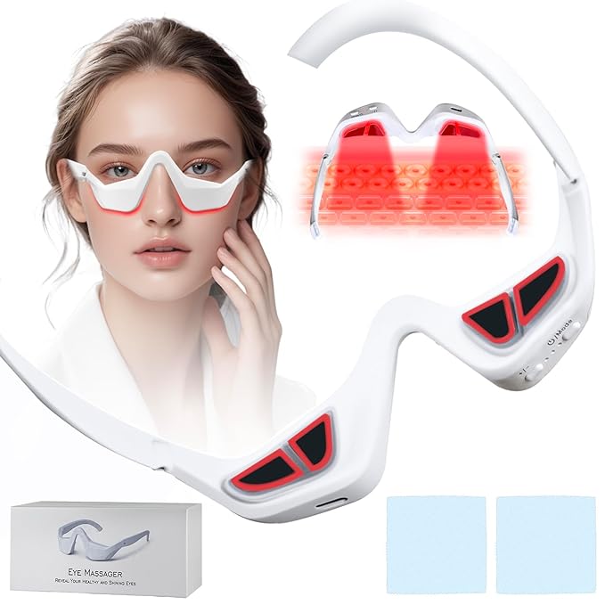 Under-Eye Red Light Therapy Device, Jaxbo Red Light Therapy Glasses with Microcurrent,Eye Massager for Relieve Eye Bags, Eye Fatigue, Dark Circles, with Glasses Cleaning Cloth