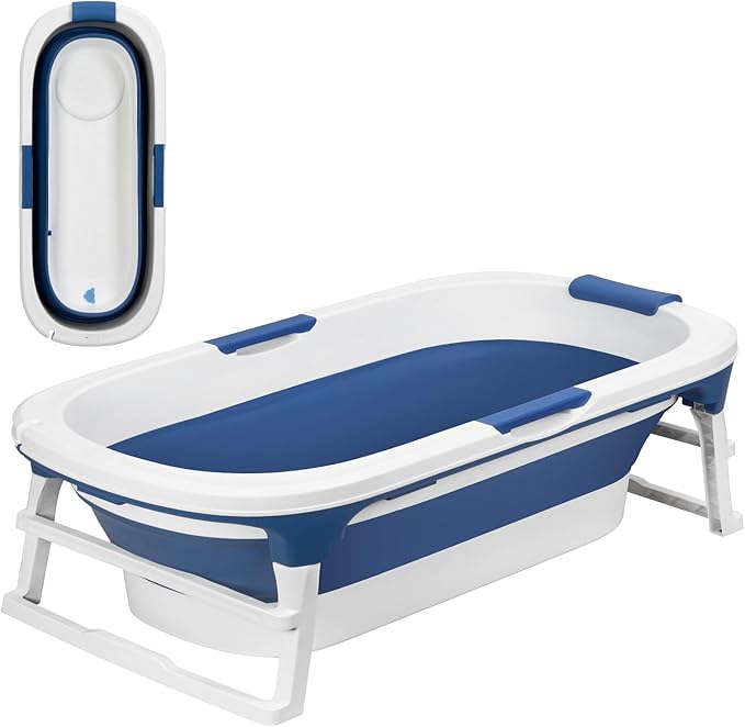 Portable Bathtub, 58/56/50/46 Inch Collapsible Bathtub, Freestanding Foldable for Adults, Folding Tub for Shower, Hot Bath, Ice Bath (Blue-C-140cm)