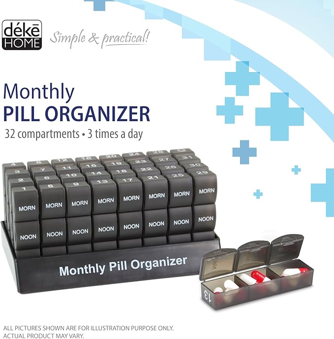Deke Home - Monthly Pill Organizer 3 Times a Day, 30 Day Pill Box with AM PM Compartments, Large Monthly Medicine Organizer for Vitamins, Supplements & Medication, Travel-Friendly Pill Case, BPA Free