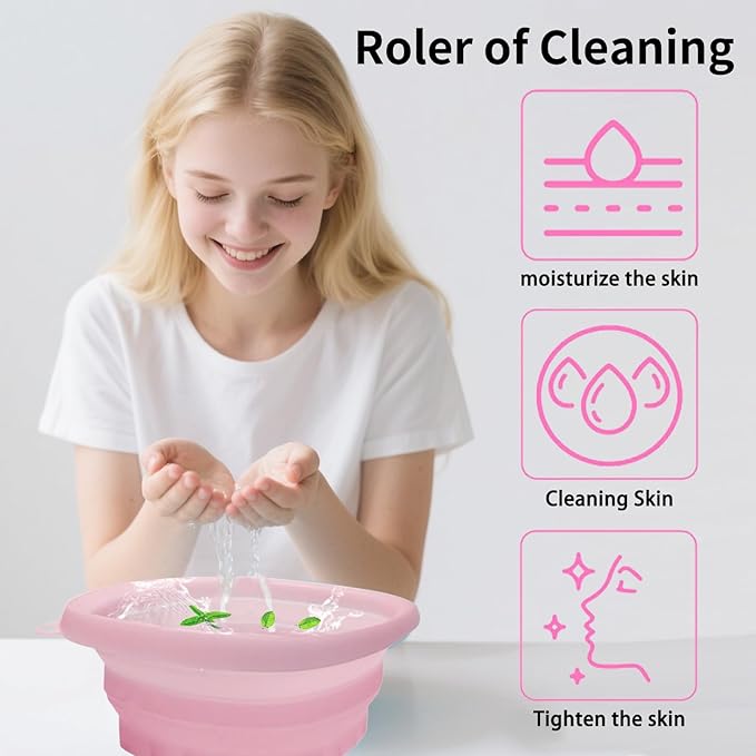 Face Bowl for Ice with Built-in IceTray,Collapsible Silicone Face Ice Bowl – Cold Plunge Therapy for Skin Tightening & Facial Treatment– Portable Spa Tool for Home & Travel（Pink) ﻿
