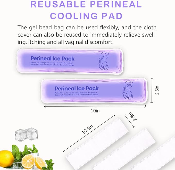 Perineal Ice Packs for Postpartum Reusable, Perineal Cold Packs, Postpartum Hemorrhoid Pain Childbirth Recovery Care, 2 Gel Pads+5 Washable Sleeves (Purple)