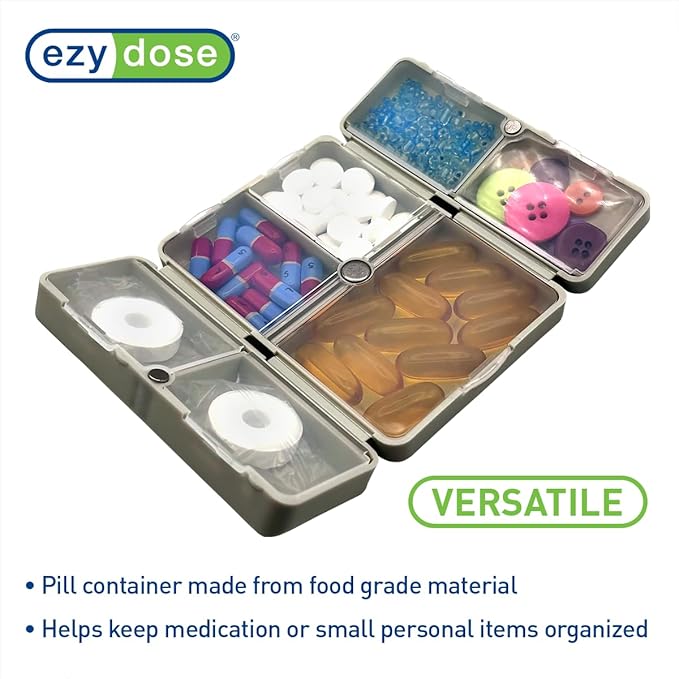 EZY DOSE Bi-Foldable Magnetic Pill Case, Medicine Planner, Vitamin Organizer Box, Snap-Shut for Security, Durable and Easy to Use, 7 Individual Compartments with Various Sizes, Travel-Friendly, Gray