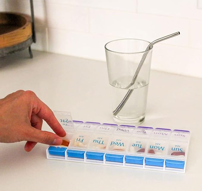 EZY DOSE Push Button AM/PM Weekly (7-Day) Pill Organizer, Weekly 2 Times a Day Medicine Case, Large Compartments for Vitamins Supplements, Arthritis Friendly, Clear Lids (2 Pack)