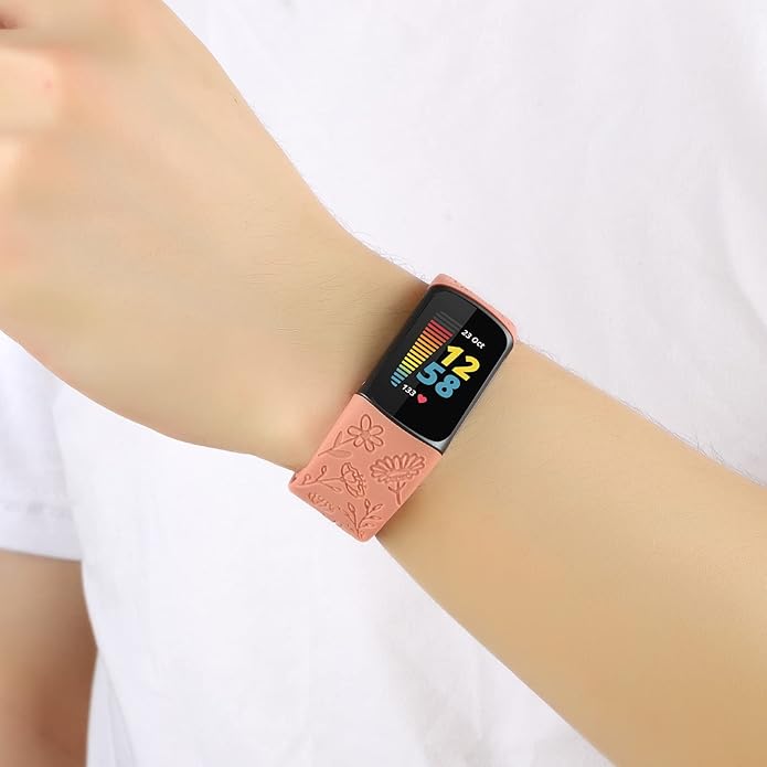 Flower Engraved Bands Compatible with Fitbit Charge 5 Band/Charge 6 Bands Women Cute Floral Engraving Soft Silicone Sport Strap Replacement Wristband for Fitbit Charge 5/6 Tracker Accessories