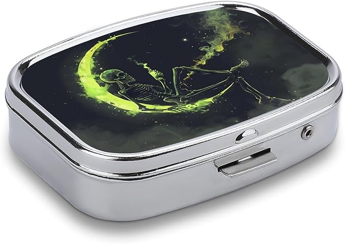 Metal 2 Compartment Pill Organizer Travel Friendly Portable Compact Pill Box Cute Pill Case,for Pocket Wallets Daily Portable Medicine Vitamin Tablet Storage (The Skull on The Moon)