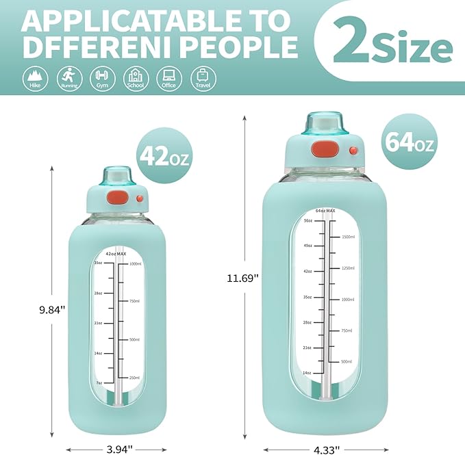 SIEROZUR 42 oz Glass Water Bottle with Straw and Handle Half Gallon Large Water Bottle with Silicone Sleeve and Time Marker Sports Water Jug Wide Mouth for Travel Gym