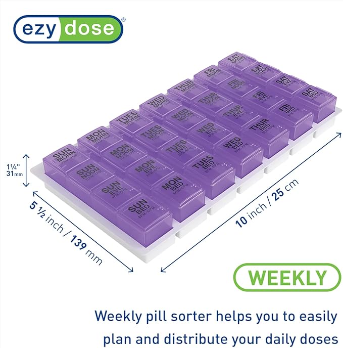 Ezy Dose Weekly (7-Day) Pill Organizer, Vitamin and Medicine Box, Large Pop-Out Compartments, 4 Times a Day, Purple (Pack of 2)