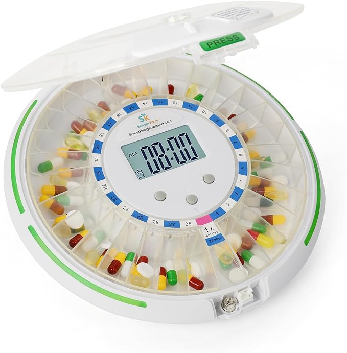 Automatic Pill Dispenser with Alarm, Flashing Light and Sound, 28 Day Pill Dispenser Machine for Elderly, Frosted Lid with Safety Lock, Medication Dispenser Improving Your Pills Privacy
