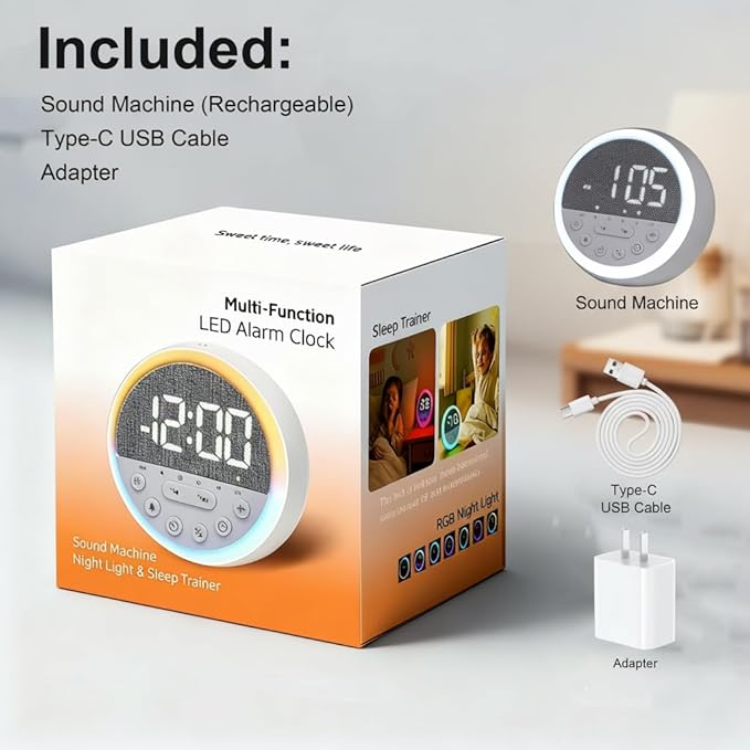 Sunrise Alarm Clock and Sound Machine Nightlight Adjustable Brightness, Rechargeable Wake Up Light Digital, Sleep Timer, Sleep Sounds, White Noise for Baby Kids Adults, Nature Soft Light for Bedroom