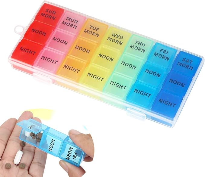 Weekly Pill Organizer, 3 Times a Day, 7-Day Pill Box, Portable Travel Prescription Pill Case Dispenser, Vitamin Fish Oil Compartments Container, Daily Calcium DHA Supplement Holder Reminder