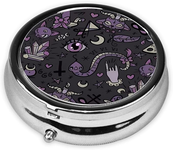 Purple Black Goth Spooky Printed Round Travel Pill Box Cute Small Metal Pocket Pill Case for Men & Women 3 Compartment Portable Pill Organizer for Purse or Pocket