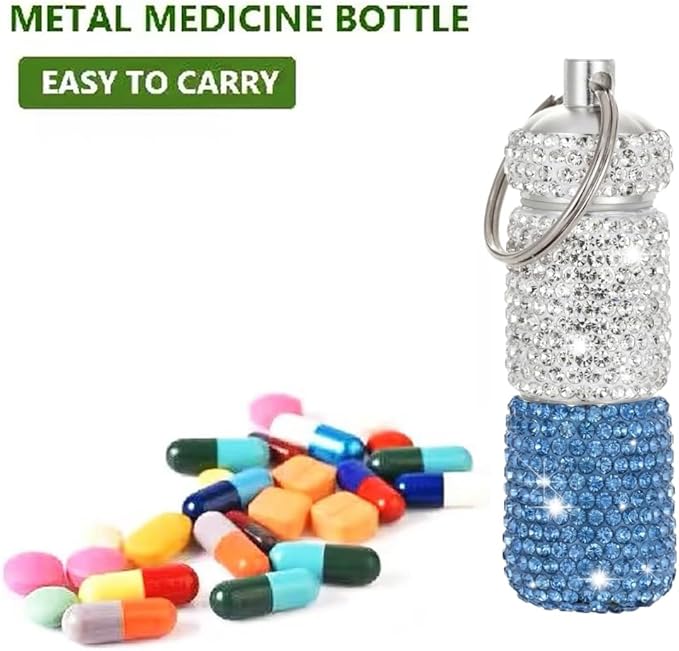 Bling Pill Case Portable Travel Pill Container Bottle Rhinestone Waterproof Small Pill Holder with Keychain Cute Mini Pill Storage Box (white blue)