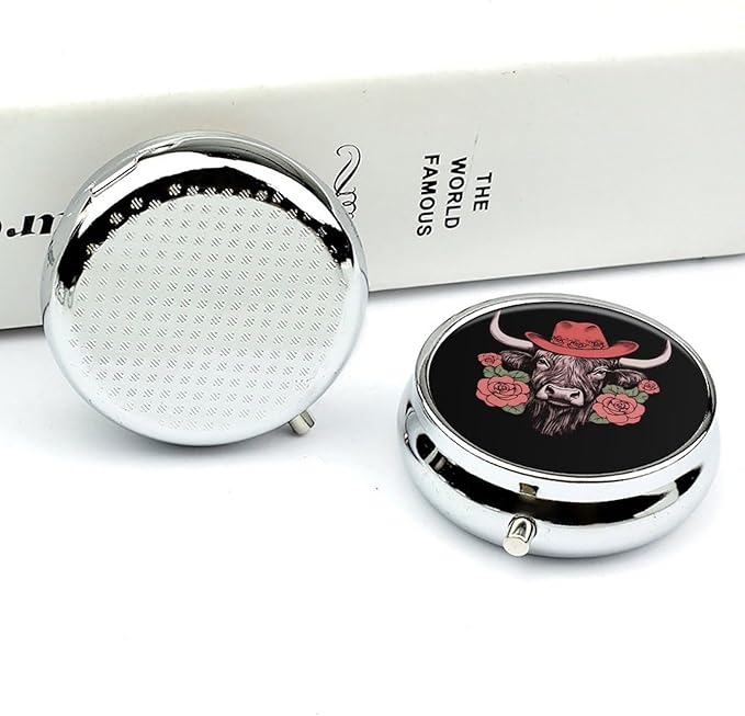 Highland Cow Round Pill Case Mini Pill Box Portable Medicine Organizer Pill Container for Travel