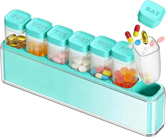 Weekly Pill Organizer 1 Time a Day, HIONXMGA Detachable Travel Pill Box 7 Day, Large Medicine Pill Case Container for Daily Medication Vitamin Supplement Fish Oil, Portable Week Pills Holder, Cyan
