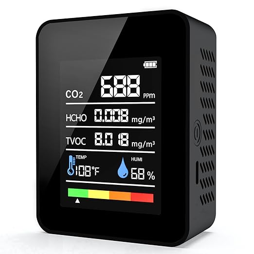 CO2 Detector Air Quality Monitor Indoor,5-in-1 Formaldehyde/CO2/TVOC/Temperature (°F/°C)/Humidity Monitor,Portable Carbon Dioxide Detector for Home,Office,Indoor Air Quality Safety Monitoring (Black)