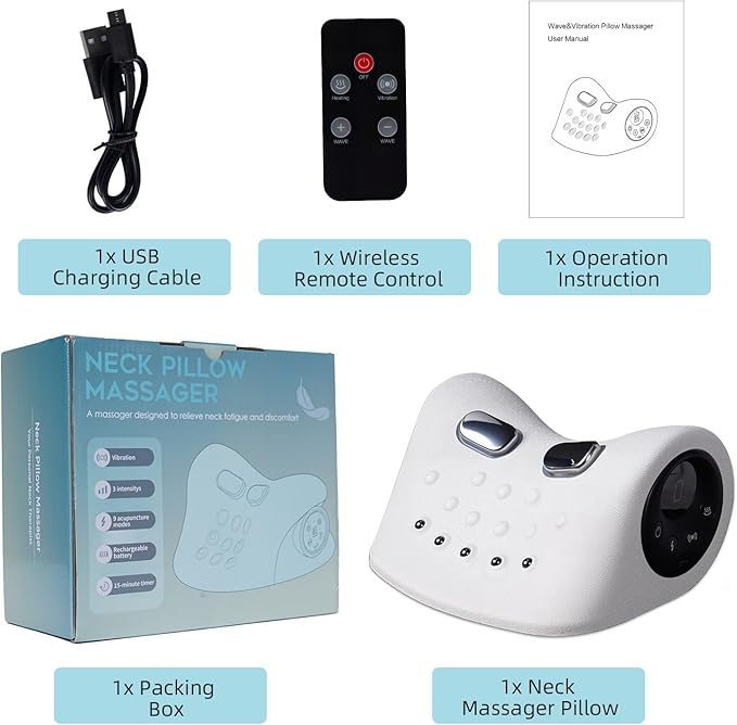 Portable Heated Massage Pillow 3 in 1 Heating Vibration Massage Upgraded 6 Levels Intensity 4D Massage Neck & Shoulder Relaxation Pillow for Home Office Use (White)
