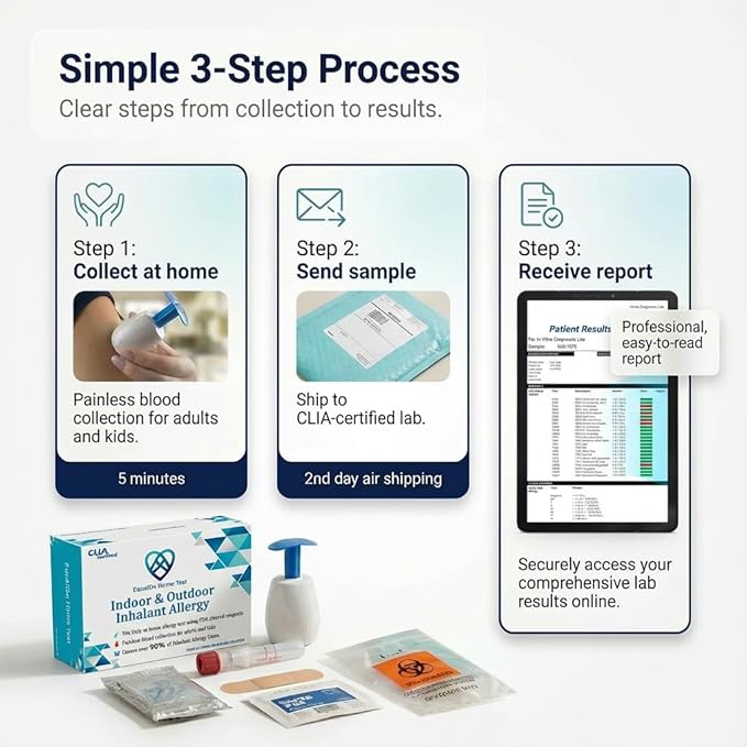 Inhalant Allergy Test - Clinical-Grade Accuracy | Painless Collection for Adults & Kids | Covers Over 90% Indoor and Outdoor Allergy Reactions Including Dust Mites, Mold, Pet Dander, Pollen