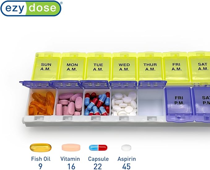 EZY DOSE Pill Organizer Weekly AM/PM (7-Day), Medicine Planner, Vitamin Case/Box, 2X-Large Locking Compartments to Secure Prescription and Prevent Accidental Spilling, Purple and Yellow, BPA Free