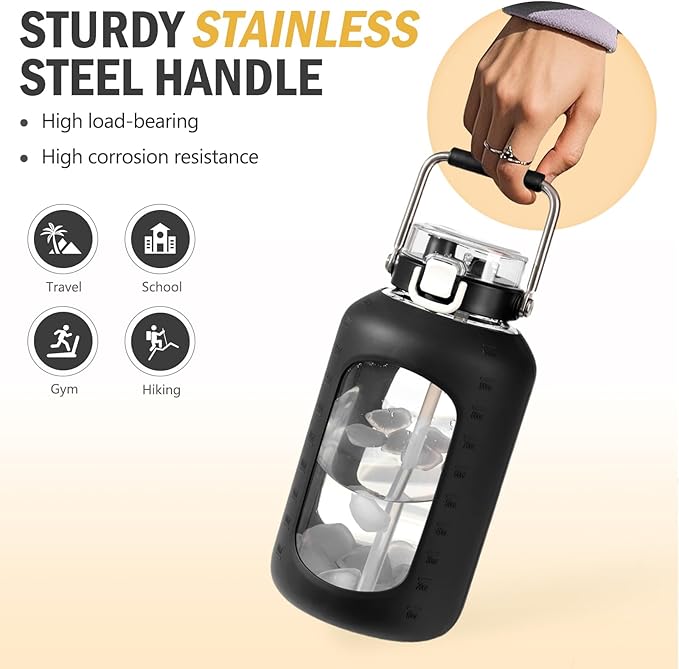 BLUEGO 100 oz Glass Water Bottle with Straw, Huge 3 Liter Water Bottle with Sturdy Handle, Glass Water Jug with Sleeve, Wide Mouth Water Container with Time Marker, Black