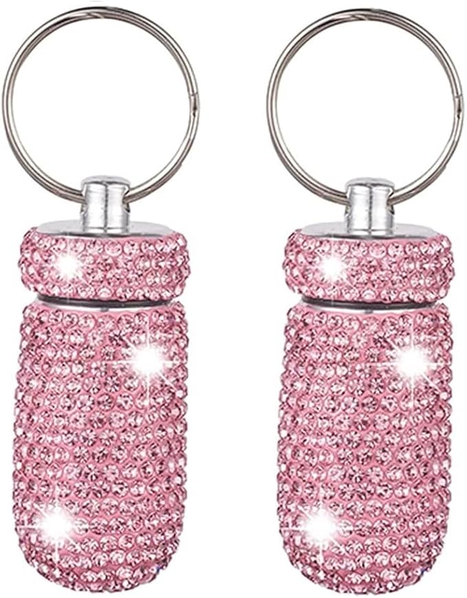 2 Pcs Pill Holder Keychain, Bling Aluminum Medicine Holder Pill Container Mini Size Waterproof and Light Weight Portable Pill Bottle Case (Pink 2Pcs)