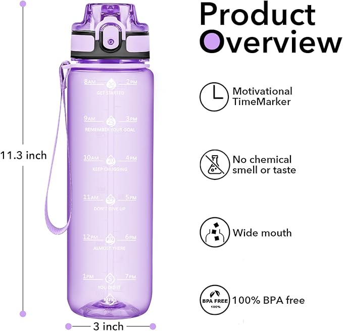 32oz Water Bottle with Time Marker, Motivational Drinking Bottle with Strap, BPA-Free Leak-Proof, Encouraging Water Bottle Time to Drink Water for Gym School Office Travel