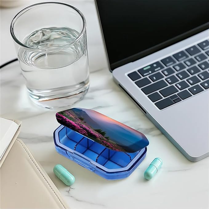 This Portable Pink Rhododendron Sunset Pattern 6-Compartment Pillbox Can Be Placed in A Pocket Or Wallet to Store Vitamins, Medicines Fish Oil Health Supplements Other Medications.