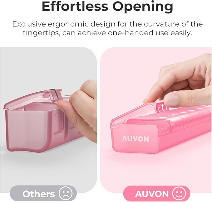 AUVON Weekly Pill Organizer with Effortless Opening Design, Arthritis Friendly Pill Box, BPA-Free Pill Organizer 7 Day, Cute & Portable Pill Case for Vitamins, Supplements and Medications