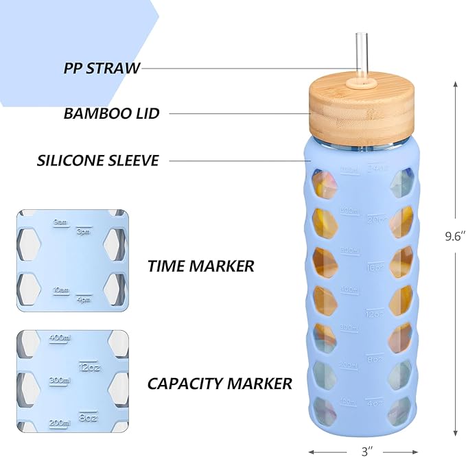 MUKOKO Glass Water Bottles,24oz Glass Tumbler with Straw,Drinking Bottles with 2 Lids-Handle Spout Lid&Bamboo Straw Lid,Motivational Water Bottle with Time Marker and Silicone Sleeve,1 Pack-Glacier