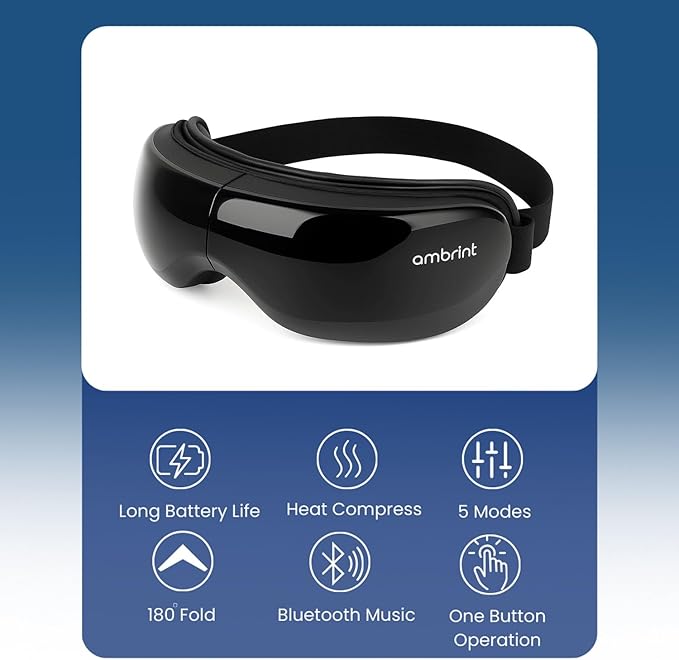 Eye Massager with Heat Bluetooth Smart Off, for Eye Relaxing, Migraine Stress Relief, Improves Sleep, Comforts Dry Eyes Tired Puffy Eyes. Gift for Birthday Father’s, Mother’s Day, Men, Women