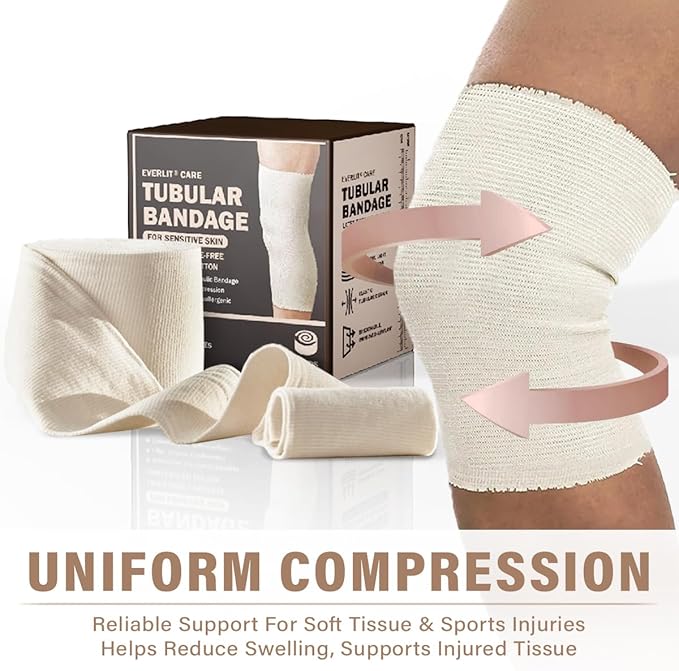 EVERLIT 560D Cotton Blend Elasticated Tubular Support Bandage | Latex-Free, Extra-Thick Breathable Stockinette for Arm, Knees, Legs | Moderate to High Compression for Sensitive Skin (G | 4.5" x 11 yd)